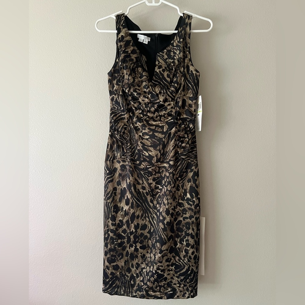 London Times Black and Brown Animal Print Midi Dress